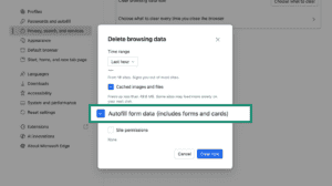Microsoft Edge browser clear autofill form data settings.
