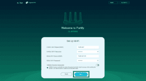 Fortify Wi-Fi setup screen showing the Wi-Fi network names and passwords, with the Next button highlighted.