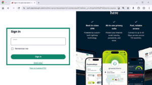 ExpressVPN account sign in webpage, with the primary sign in form section highlighted in a green box.