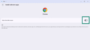 Chrome "Install unknown apps" settings page, with the "Allow from this source" toggle switch highlighted in a green box.