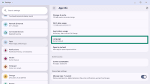 Android App info settings page for ExpressVPN, with the "Language" preference option highlighted in a green box.