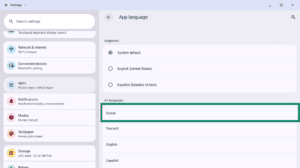 Android App language selection settings screen, with Dansk highlighted in a green box under All languages.