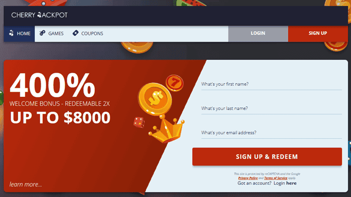 Cherry Jackpot 400% Bonus and $20 Free Chip Code 