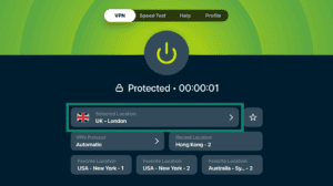 ExpressVPN Apple TV app interface, showing the VPN tab and a highlighted server location widget.