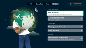 ExpressVPN Apple TV app interface, showing the Profile tab and a highlighted "VPN Protocol" option.