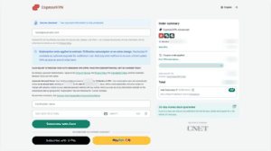 ExpressVPN checkout page showing the included 12-month Advanced subscription, payment details, and subscription options.