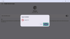 "App installed" confirmation dialog for ExpressVPN, with the "Open" button highlighted in a green box.