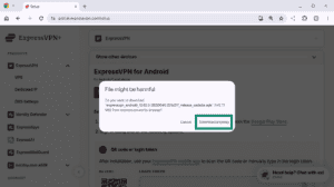 Web browser APK download warning prompt, with the "Download anyway" button highlighted in a green box.