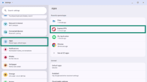 Android system Settings page under the "Apps" category, with ExpressVPN highlighted in a green box under Recently opened apps.