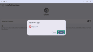 ExpressVPN app installation prompt, with the "Install" confirmation button highlighted in a green box.