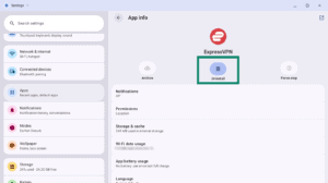 Googlebook App info settings page for ExpressVPN, with the "Uninstall" action button highlighted in a green box.