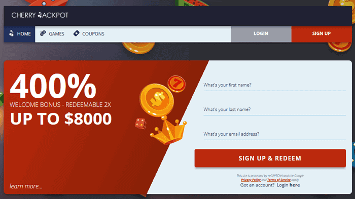 Cherry Jackpot Casino 400% up to $8000 Welcome Offer 