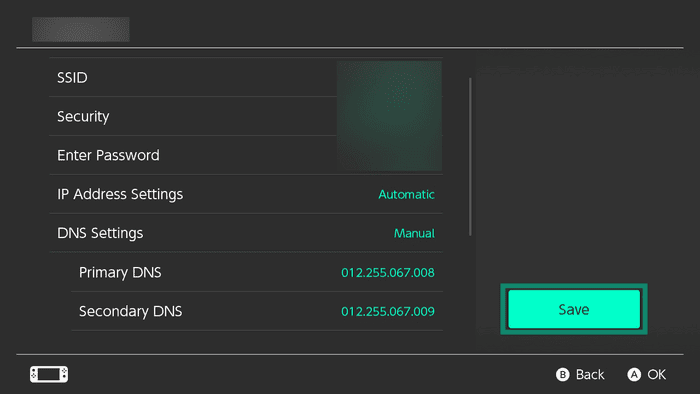The "Save" button highlighted in connection settings on Nintendo Switch.