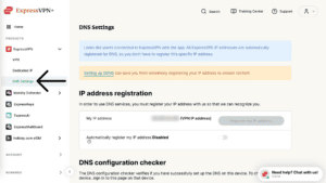ExpressVPN user dashboard with DNS Settings highlighted in the left sidebar menu.