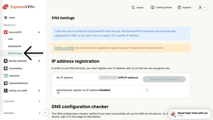 ExpressVPN user dashboard with DNS Settings highlighted in the left sidebar menu.