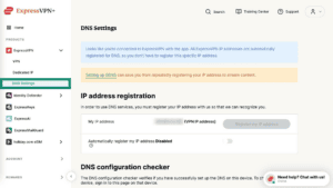The ExpressVPN+ portal, showing the DNS Settings menu option.