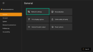 The General tab of Xbox Settings, showing the Network Settings option.