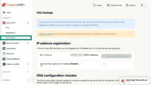The DNS settings page in ExpressVPN+.