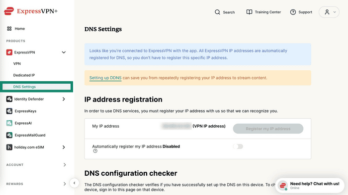The DNS settings page in ExpressVPN+.