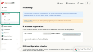 ExpressVPN+ dashboard showing the "DNS Settings" option section highlighted in the left-hand side menu.
