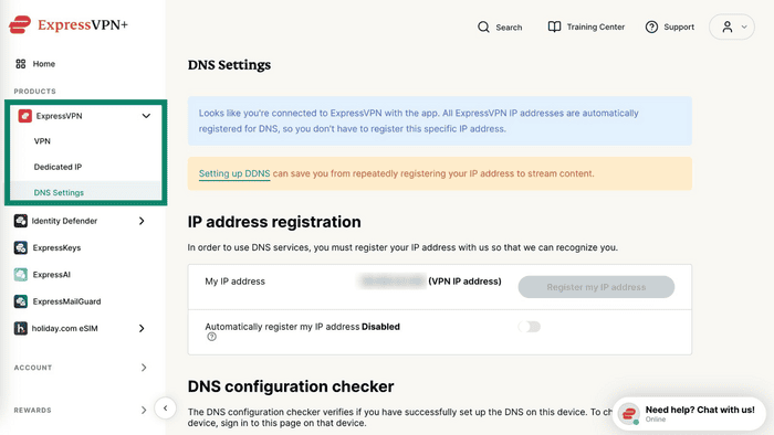 ExpressVPN+ dashboard showing the "DNS Settings" option section highlighted in the left-hand side menu.