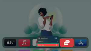 Apple TV home screen with the ExpressVPN app selected and its quick action menu open, highlighting the "Delete App" option in a green box.