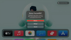 Apple TV "Remove ExpressVPN?" confirmation prompt displaying deletion options, with the red "Delete" button highlighted by a green box.