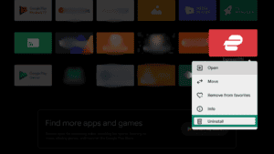 Android TV app screen showing an app grid with the ExpressVPN context menu open, highlighting the "Uninstall" option in a green box.