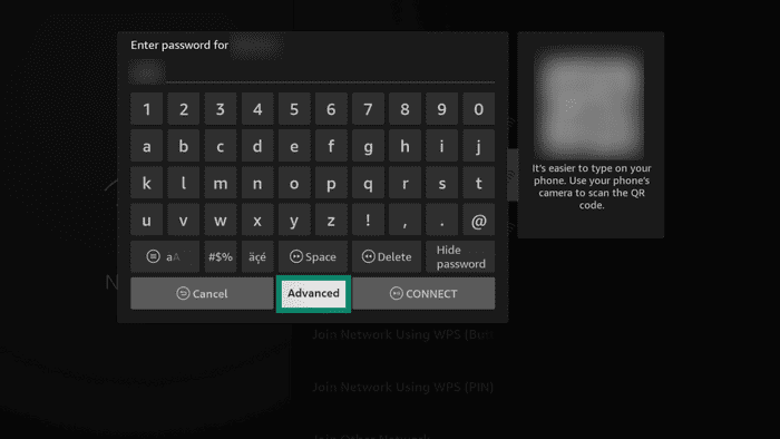 Advanced option on Amazon Fire TV Wi-Fi password screen