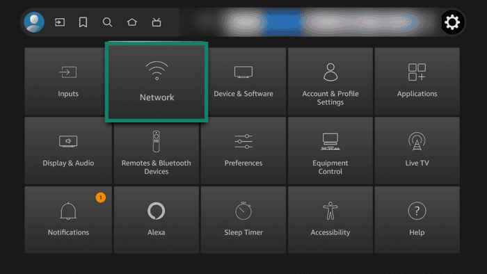 Network setting highlighted on Amazon Fire TV Settings menu