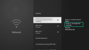 List of available Wi-Fi options with the forget network button highlighted