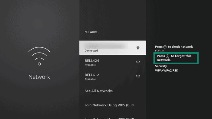 List of available Wi-Fi options with the forget network button highlighted