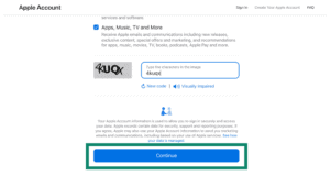 The Apple Account creation web page showing the CAPTCHA entry, with a green box highlighting the blue 'Continue' button at the bottom.