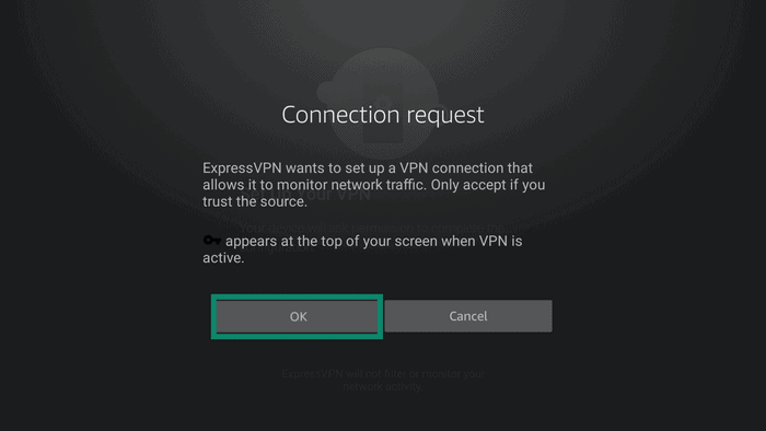 ExpressVPN connection request screen with ok higlighted