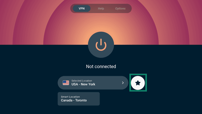 Favorite button highlighted on ExpressVPN UI