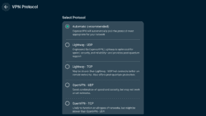 The VPN protocol list in the ExpressVPN app for Fire OS.