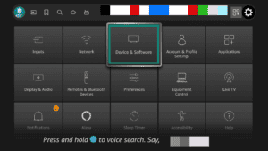 FireTV settings menu showing device & software button