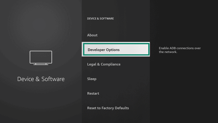 Developer Options highlighted in Amazon Fire TV