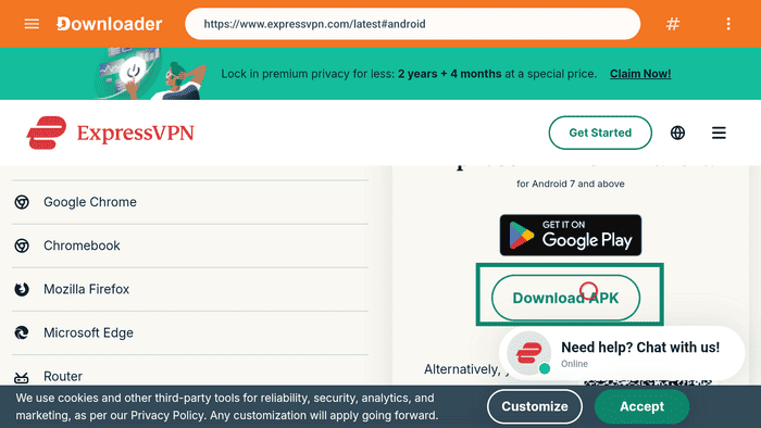ExpressVPN download page through the downloader app