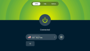 ExpressVPN Vega OS connection screen showing connection to a VPN server.