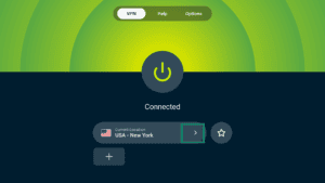 ExpressVPN Vega OS connection screen showing arrow next to Current Location highlighted.