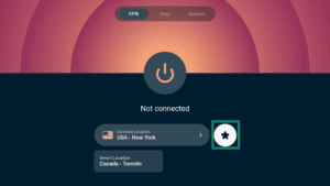 ExpressVPN Vega OS connection screen showing favorites star icon highlighted