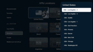 ExpressVPN Vega OS VPN Locations picker showing list of US servers.