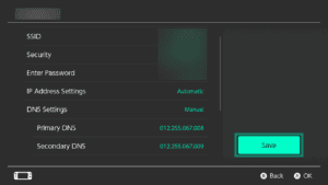 The "Save" button highlighted in connection settings on Nintendo Switch.