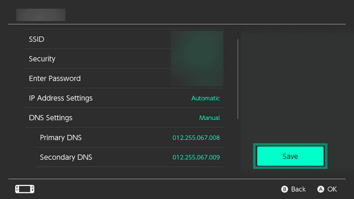 The "Save" button highlighted in connection settings on Nintendo Switch.