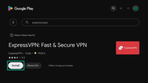 Google Play Store page on an Android TV showing the ExpressVPN app page. The Install button is highlighted.