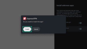 Installation popup window for the ExpressVPN APK app on an Android TV. The Install button is highlighted.
