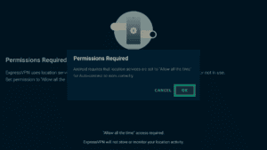 ExpressVPN app interface showing a notification window about necessary permissions on Android TV. The OK button is highlighted.