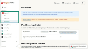 ExpressVPN user dashboard with "DNS Settings" highlighted in the left sidebar menu.
