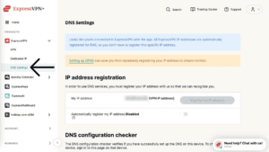 ExpressVPN user dashboard with DNS Settings highlighted in the left sidebar menu.